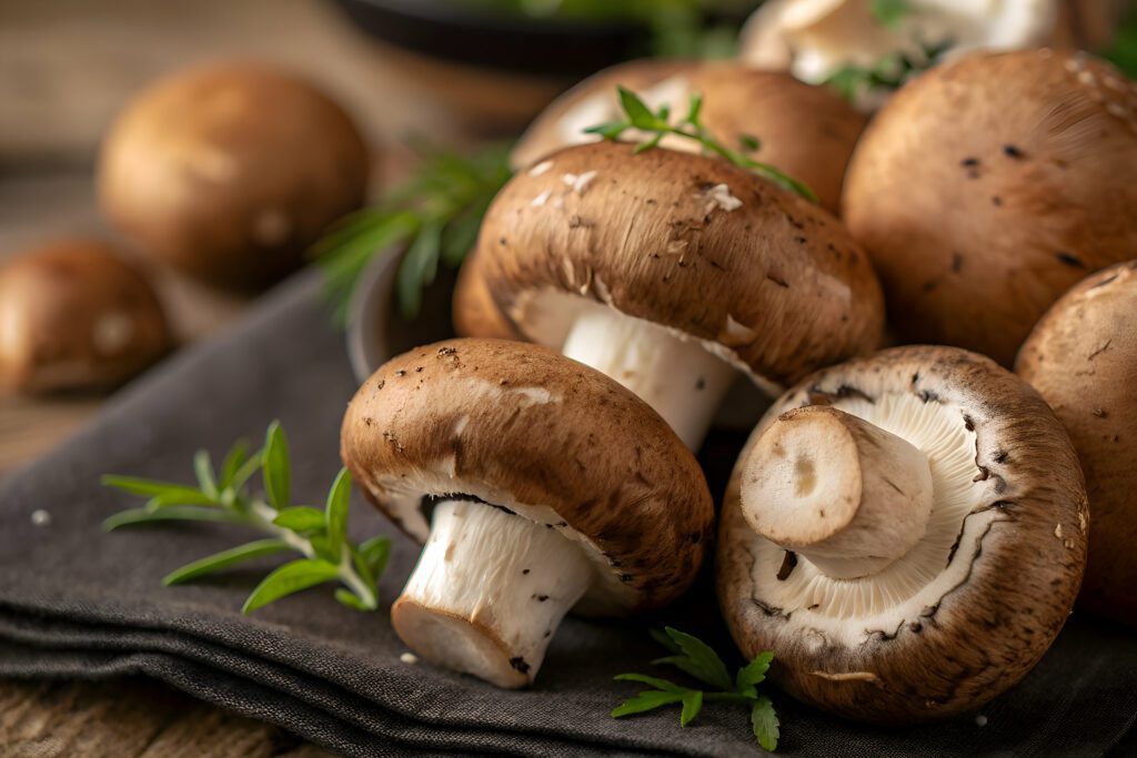 Several fresh brown mushrooms for brain health with white stems rest on a dark cloth, surrounded by sprigs of green herbs. The mushrooms have a natural, earthy appearance and the background is softly blurred.