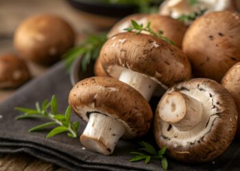 Several fresh brown mushrooms for brain health with white stems rest on a dark cloth, surrounded by sprigs of green herbs. The mushrooms have a natural, earthy appearance and the background is softly blurred.