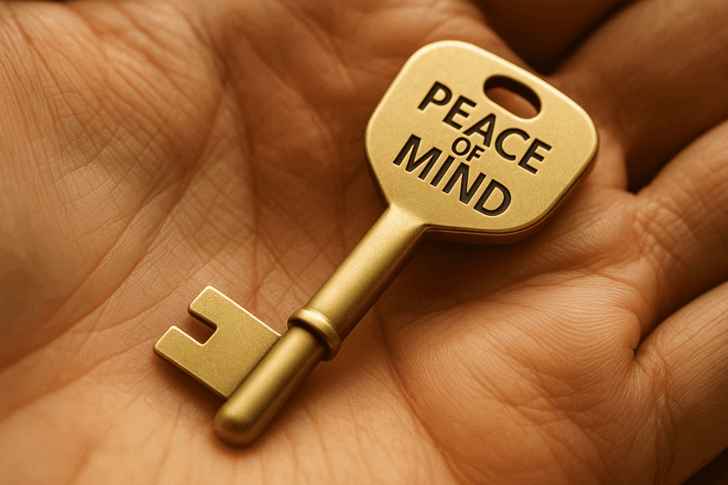 A close-up of a hand holding a golden key engraved with PEACE OF MIND on its head—a powerful symbol for legacy planning for beginners.