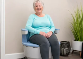 An older woman with gray hair, experiencing loss of bladder control, sits and smiles on a modern circular blue and white chair in a bright room with a plant and a basket in the background.