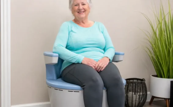 An older woman with gray hair, experiencing loss of bladder control, sits and smiles on a modern circular blue and white chair in a bright room with a plant and a basket in the background.