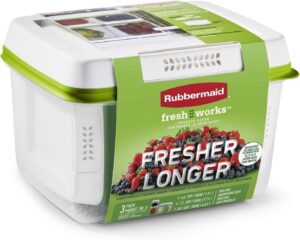 A clear plastic Rubbermaid FreshWorks produce saver container with a green lid and vented sides, featuring a label with images of strawberries and the text Fresher Longer.