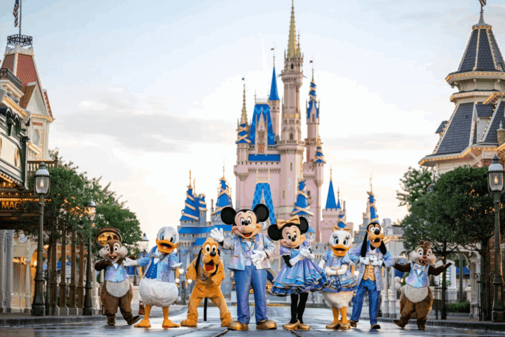 Disney characters like Mickey, Minnie, and Goofy gather in festive outfits before Cinderella Castle, capturing the magic of a multigenerational Disney vacation at the theme park.