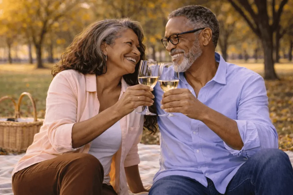 A smiling couple sits on a picnic blanket outdoors, clinking wine glasses together. They appear happy and relaxed, enjoying dating after 50, surrounded by trees with autumn leaves and a picnic basket in the background.