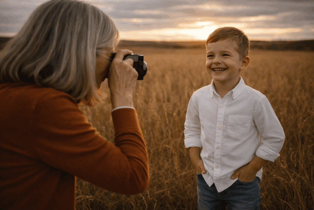 An older woman takes a photo of a smiling young boy standing in a field of tall grass at sunset. The scene is warm and cheerful, making it perfect for capturing memories—ideal inspiration for photo tips for grandparents.