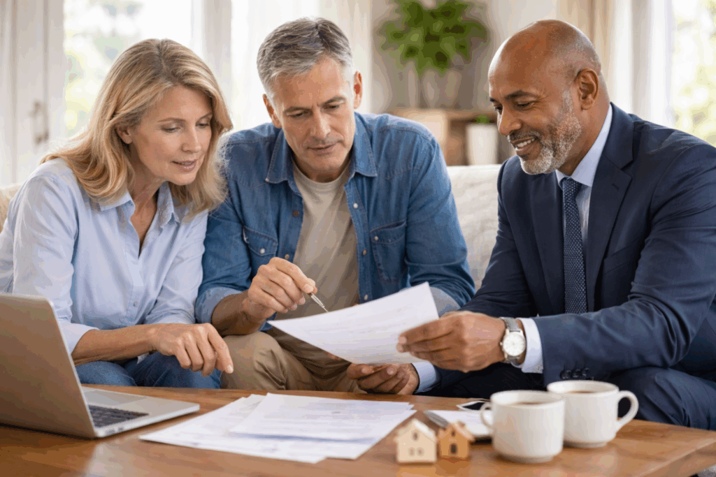 Three adults sit together at a table with documents, a laptop, and coffee cups. A man in a suit is explaining paperwork to a casually dressed couple, highlighting common mortgage mistakes homeowners make as they attentively review the papers.