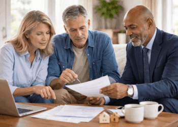 Three adults sit together at a table with documents, a laptop, and coffee cups. A man in a suit is explaining paperwork to a casually dressed couple, highlighting common mortgage mistakes homeowners make as they attentively review the papers.
