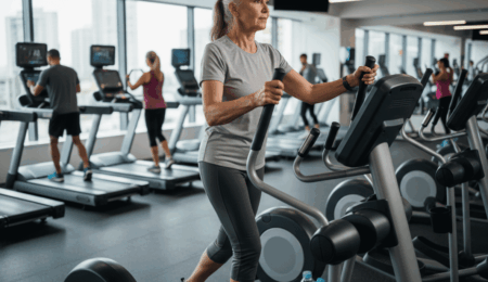 An older woman with gray hair practices low impact exercises on an elliptical machine in a modern gym, wearing a gray t-shirt and leggings. Others work out on treadmills nearby, with large windows letting in daylight.