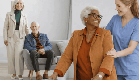 An elderly woman using a walker smiles at a nurse in blue scrubs, highlighting the warmth of aging in place vs assisted living. In the background, an older man sits while a woman stands beside him, all appearing happy in a bright room.
