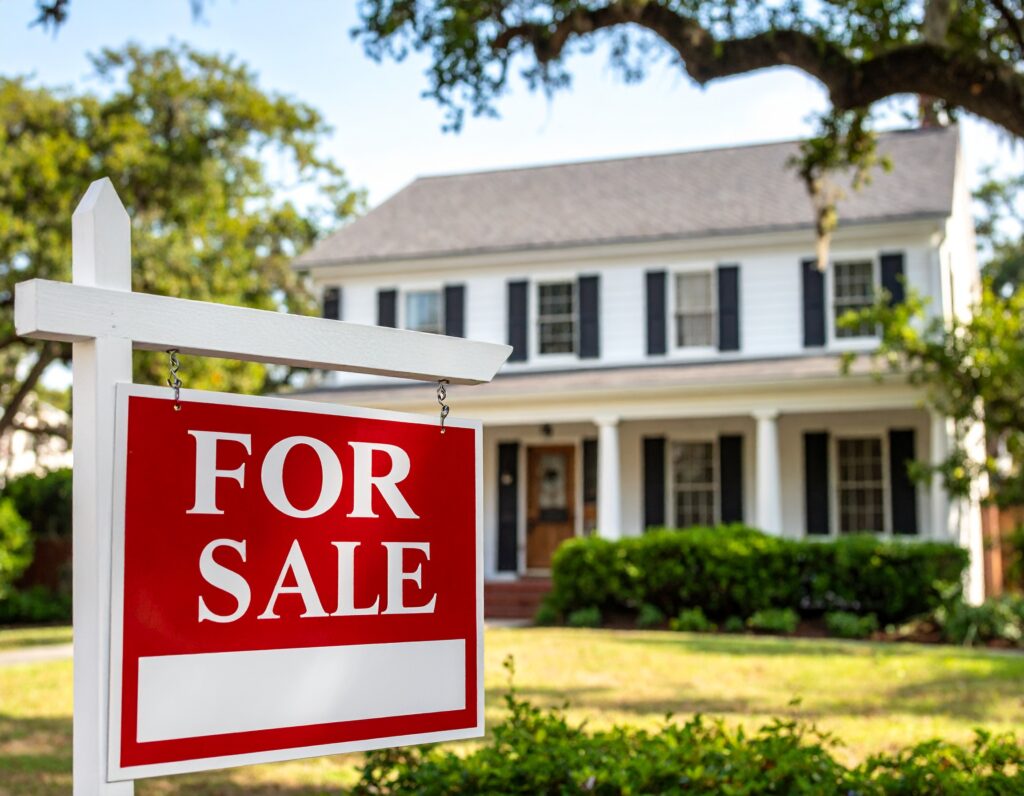 A red and white For Sale sign stands in front of a two-story white house with black shutters, a covered porch, and a well-kept lawn, surrounded by trees.