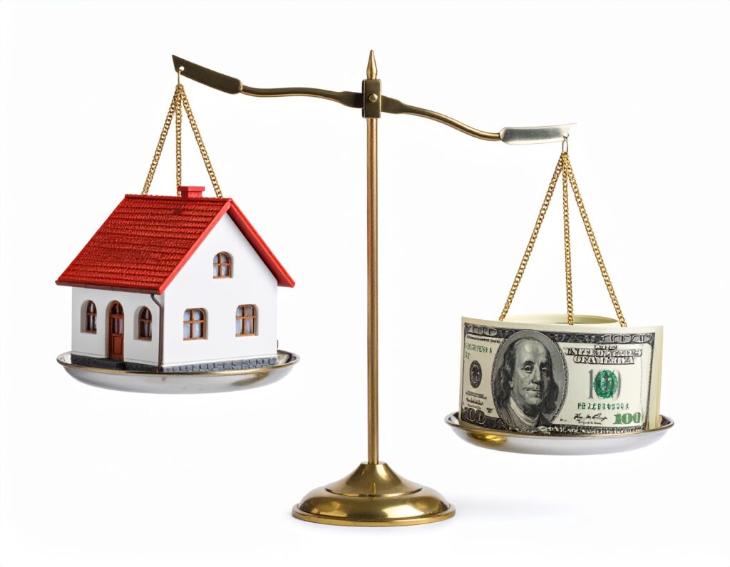 A brass balance scale with a small house model on one side and a stack of U.S. hundred dollar bills on the other, highlighting things that hurt your home’s value by comparing real estate worth to cash.