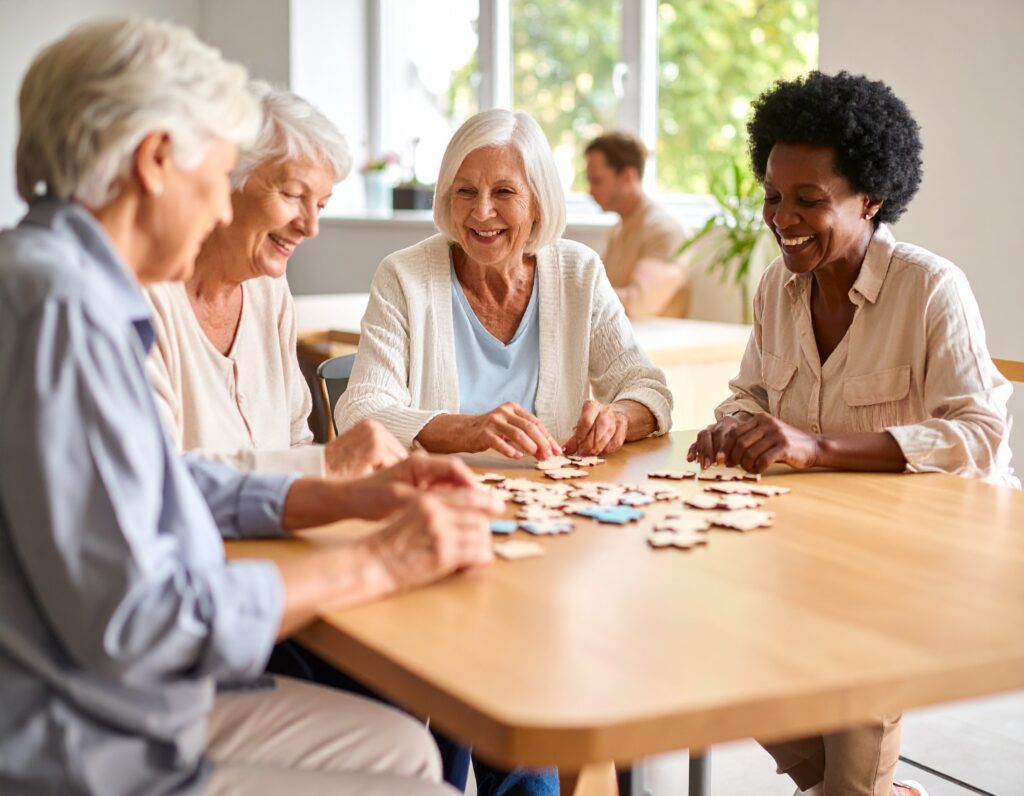 Four senior women sit around a table, smiling and working together on a jigsaw puzzle in a bright, cheerful room—capturing the spirit of Memory Cafes for dementia support with large windows and lush greenery outside.