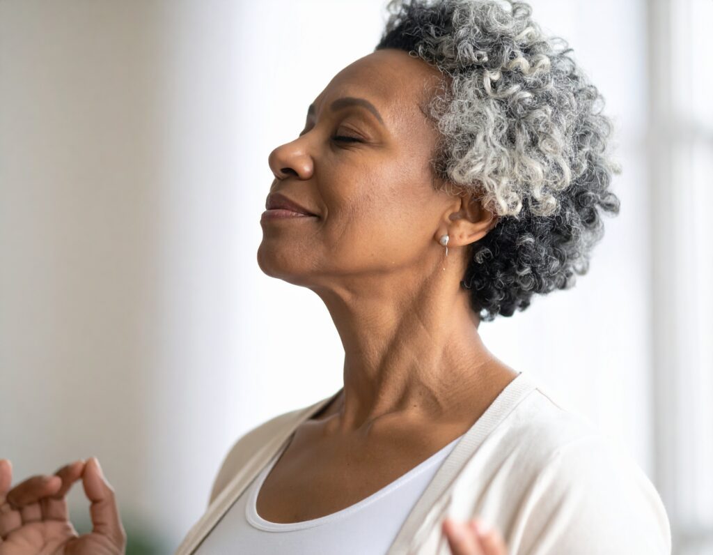 A woman with short curly gray hair stands with eyes closed and a peaceful expression, practicing mindfulness techniques for seniors in a softly lit indoor setting.