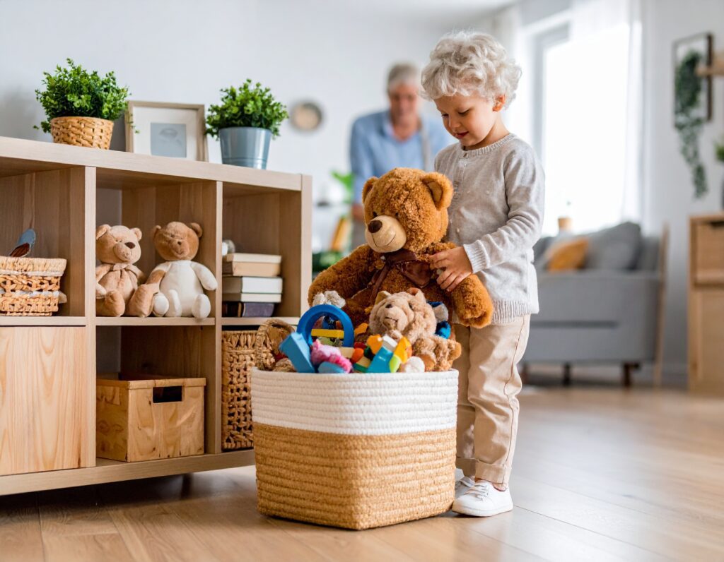 A young child with curly blonde hair is playing with teddy bears and toys, placing them in a woven basket in a bright, grandkid-friendly home. An adult is blurred in the background near a sofa and shelves with plants.