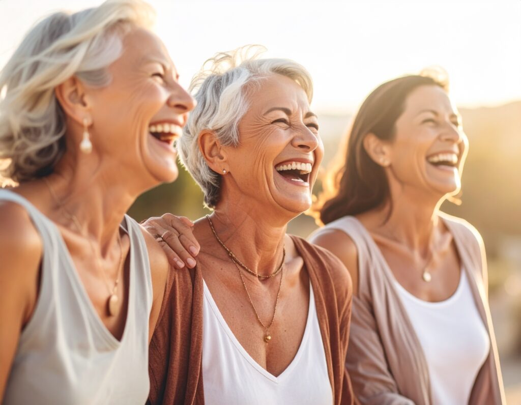Three older women with short and medium-length hair are laughing together outdoors in warm sunlight. They appear happy, dressed in light-colored casual clothing, enjoying the laughter benefits for seniors as one woman rests her hand on another’s shoulder.