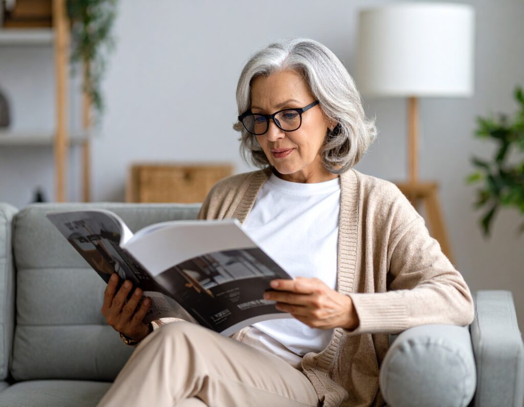 An older woman with gray hair and stylish reading glasses for seniors sits on a sofa, reading a magazine. She wears a beige cardigan and white shirt, with a lamp and some plants in the softly lit background.