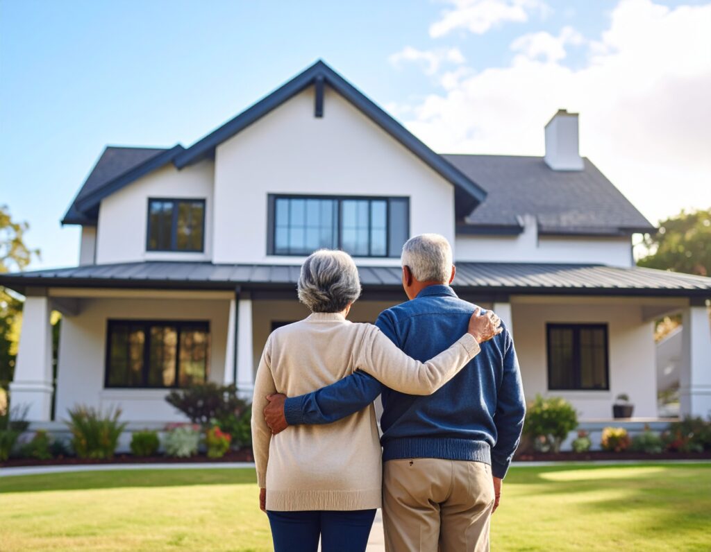 An older couple stands arm in arm, facing a modern two-story house with a well-kept yard, under a bright, partly cloudy sky—embracing the possibilities of downsizing after retirement.
