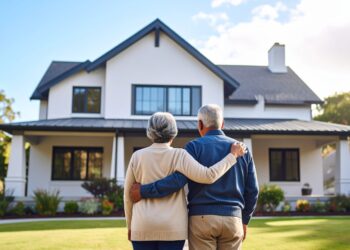 An older couple stands arm in arm, facing a modern two-story house with a well-kept yard, under a bright, partly cloudy sky—embracing the possibilities of downsizing after retirement.