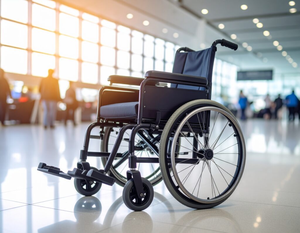 An empty wheelchair sits in a brightly lit airport terminal, sunlight streaming through large windows and blurred travelers in the background—a scene where the best gadgets for traveling with a wheelchair make every journey smoother.