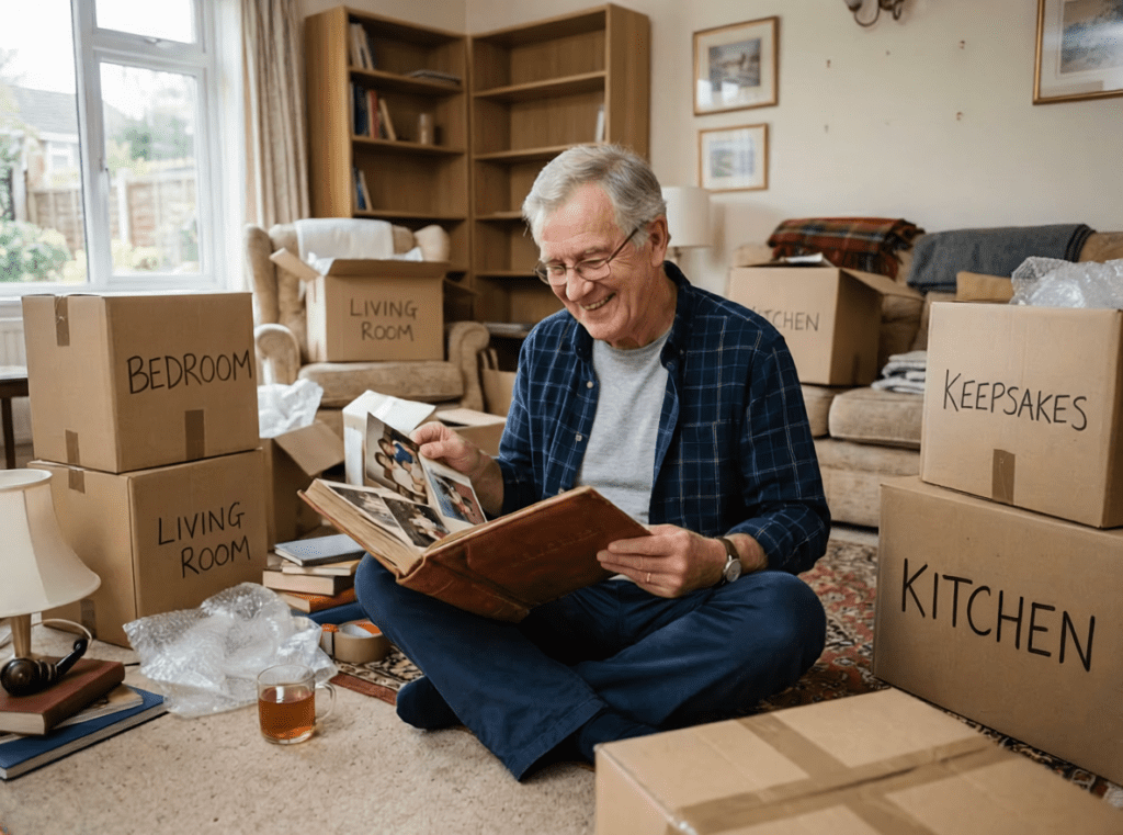 An older man sits cross-legged on the floor, surrounded by moving boxes labeled for different rooms. Downsizing after retirement, he smiles while looking through a photo album in a cozy, light-filled living room.