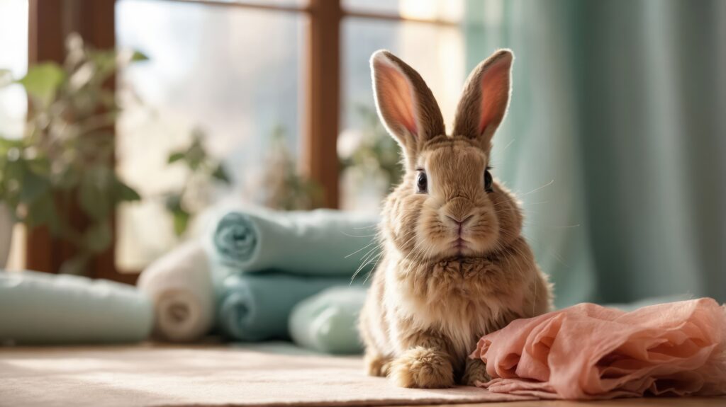 A fluffy brown rabbit sits indoors on a soft surface near a pink cloth, with rolled blue and white towels and a sunlit window with plants in the background.