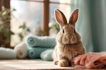 A fluffy brown rabbit sits indoors on a soft surface near a pink cloth, with rolled blue and white towels and a sunlit window with plants in the background.