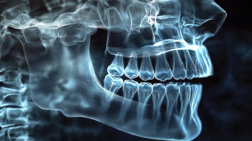 A detailed, glowing blue X-ray image of a human skull in profile, clearly showing the teeth, jawbone, and nasal cavity—highlighting bone loss in the jaw—with defined outlines against a dark background.