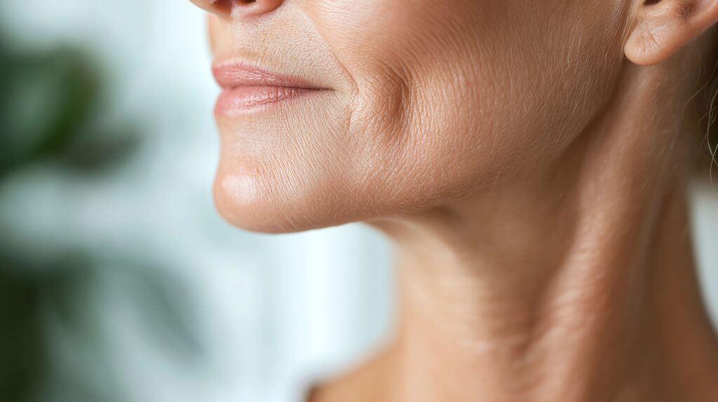 Close-up of a womans lower face and neck, showing smooth skin with visible wrinkles and fine lines, suggesting aging. The background is softly blurred.