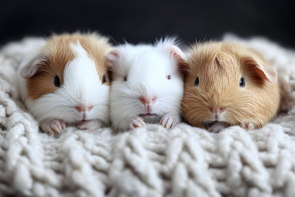 Three baby guinea pigs—one light brown and white, one all white, and one tan—are lying closely together on a soft, cream-colored knitted blanket, perfectly illustrating how to care for guinea pigs with warmth and gentle comfort.