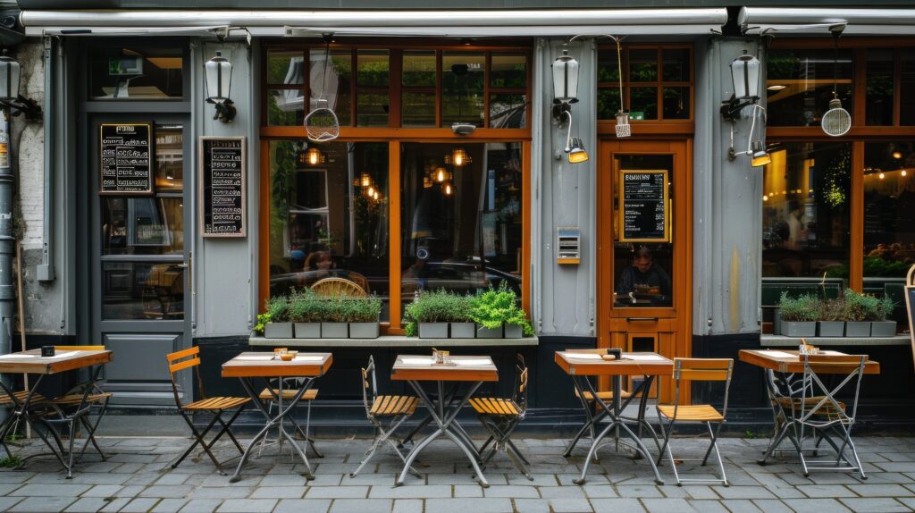 Outdoor seating area of a café with wooden tables and chairs on a cobblestone sidewalk; Amsterdam reveals charm as potted plants decorate the windows and warm light glows inside through large windows and a wooden door.