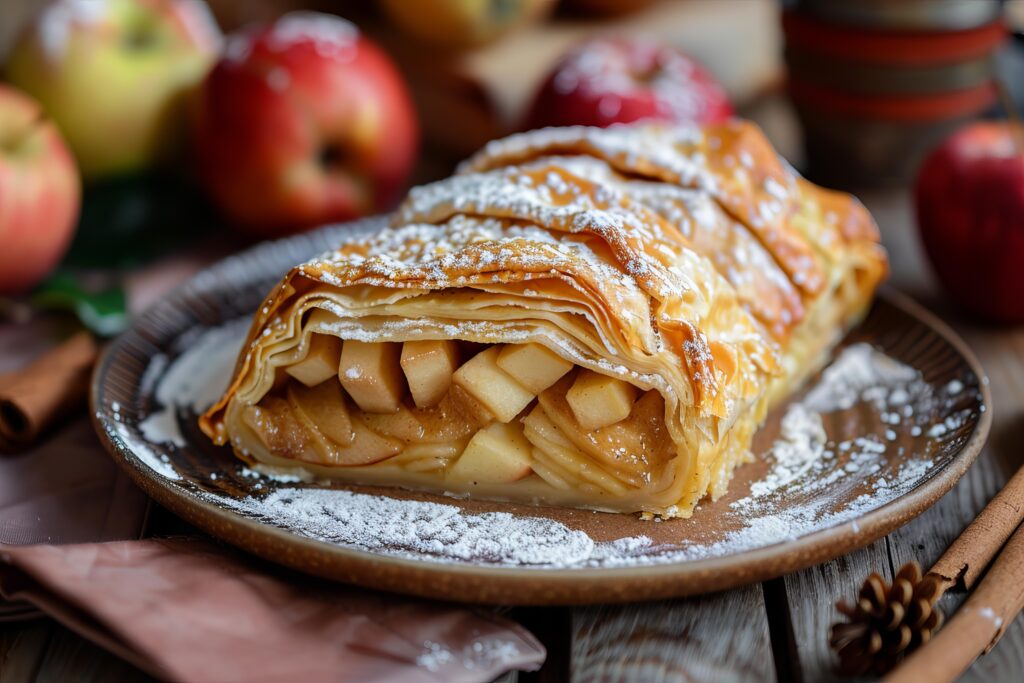 A sliced apple strudel with flaky, golden-brown pastry, filled with spiced apple chunks and dusted with powdered sugar, sits on a plate surrounded by fresh apples and cinnamon sticks—a tempting look at any authentic Apple Strudel Recipe.