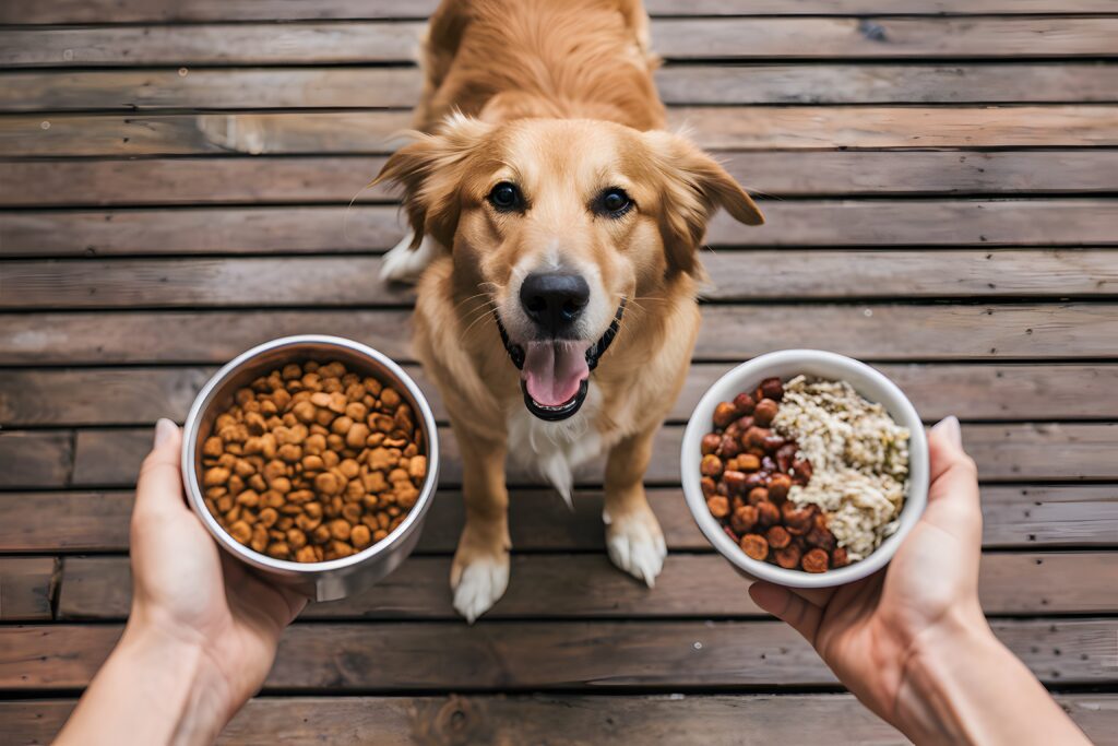 A happy dog sits on a wooden deck, looking up. Two hands hold bowls of dog food in front of the dog—one with dry kibble, the other with a mix of kibble and wet food or rice.