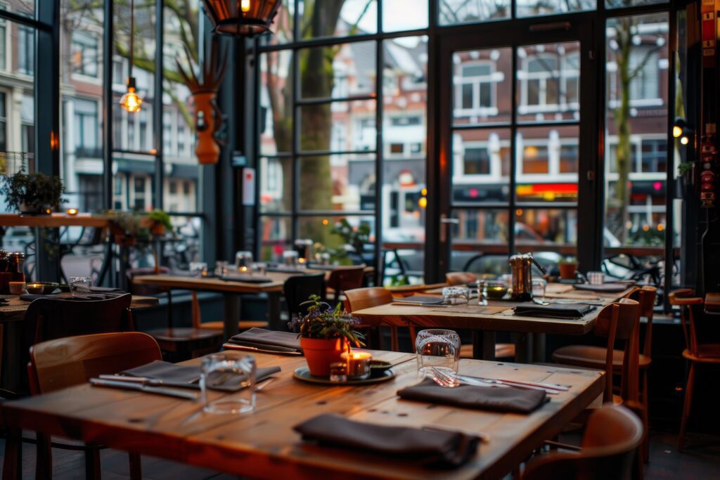 A cozy, modern restaurant with wooden tables set for dining. Large windows let in natural light, revealing Amsterdam’s city streets outside. Warm lighting and plants create an inviting, relaxed atmosphere that Amsterdam reveals at its best.