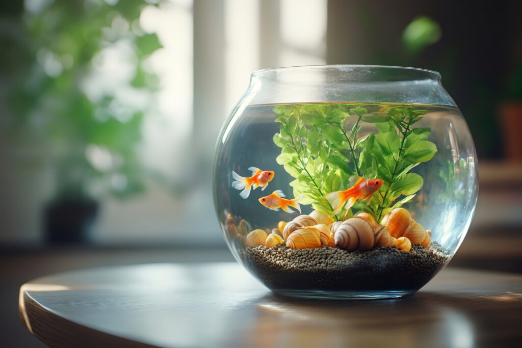 A glass fishbowl with three of the best fish for beginners—goldfish—green aquatic plants, and several seashells sits on a wooden table, with soft natural light and blurred greenery in the background.
