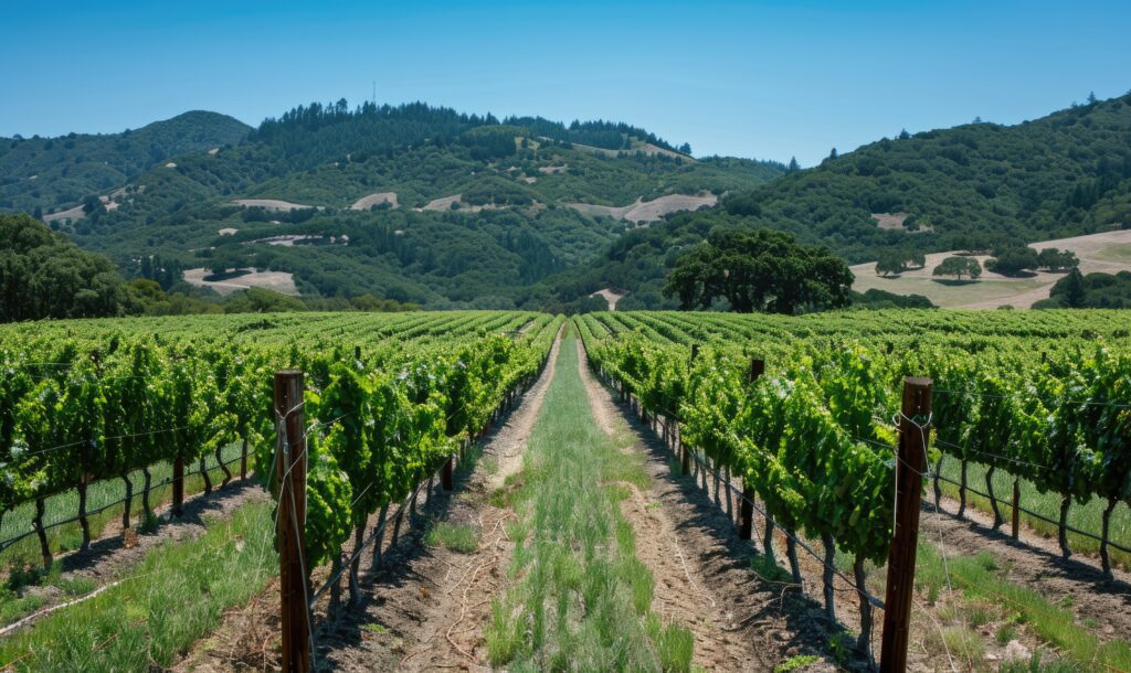 Rows of grapevines in Healdsburg wine country stretch toward distant green hills under a clear blue sky, with lush foliage and rolling terrain visible in the background.