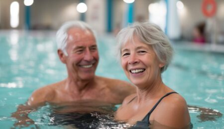 An older man and woman with gray hair smile and enjoy themselves while standing in a swimming pool, enjoying swimming and water aerobics under bright indoor lighting in a relaxed atmosphere.