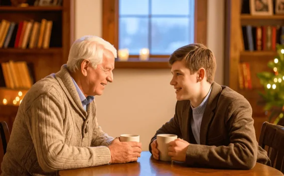 An older man and a teenage boy sit across from each other at a wooden table, smiling and holding mugs, as they share life lessons amid bookshelves and a window with candles in the background.