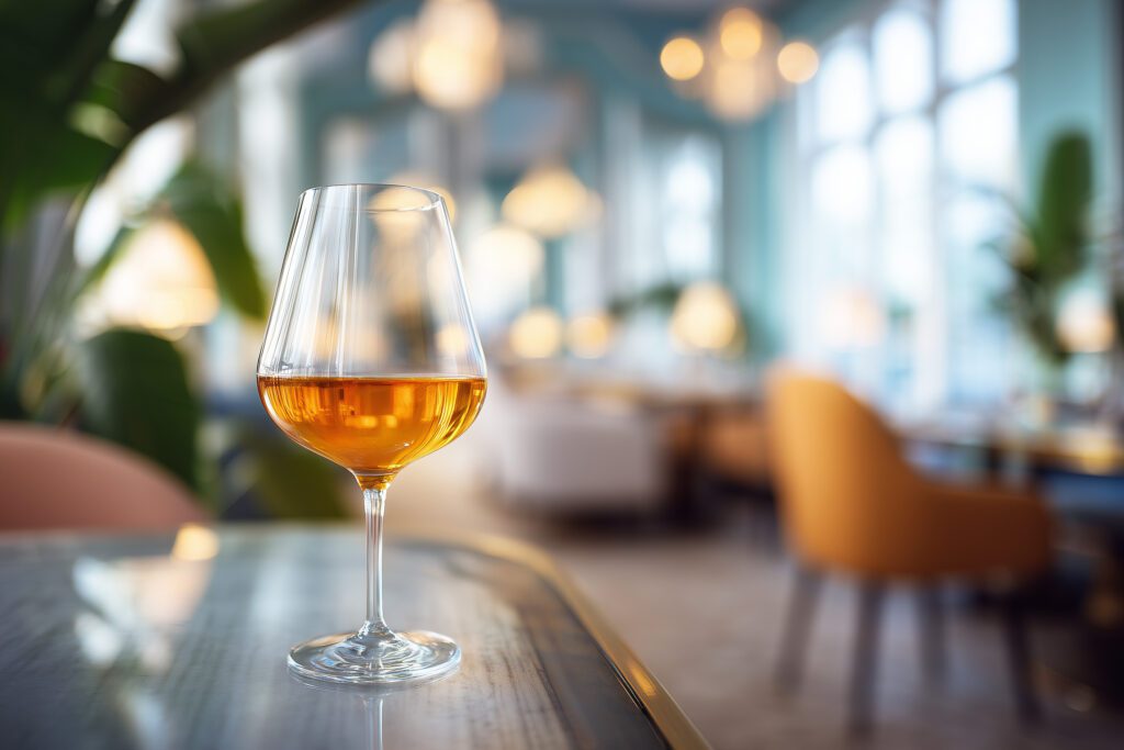 A glass of amber-colored orange wine sits on a reflective table in a bright, elegant restaurant with soft lighting, modern decor, and blurred background seating.