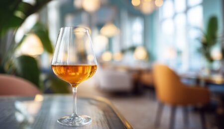A glass of amber-colored orange wine sits on a reflective table in a bright, elegant restaurant with soft lighting, modern decor, and blurred background seating.