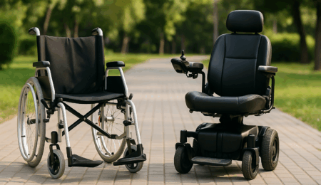 A manual vs electric wheelchair are positioned side by side on a paved path in a park, surrounded by green trees and grass.