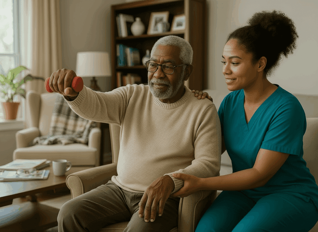 A senior man in a beige sweater, recovering from a stroke, exercises with a small red weight while seated, assisted and encouraged by a smiling healthcare worker in blue scrubs in a cozy living room setting.