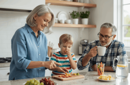 An older woman slices fruit in a bright kitchen as a young boy tastes a piece. An older man, holding a mug, sits beside them. A pitcher of water and healthy snacks are arranged on the counter.