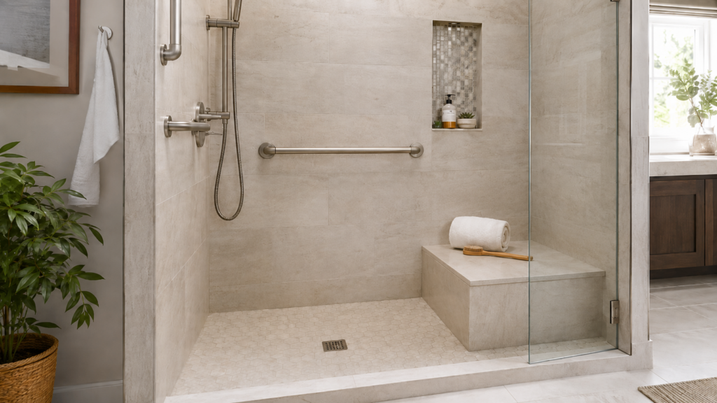 A modern walk-in shower with beige tiles, a built-in bench featuring a rolled white towel and brush, a wall niche for toiletries, bathroom safety upgrades for seniors like a grab bar, and a glass door; a plant and window are visible outside the shower.