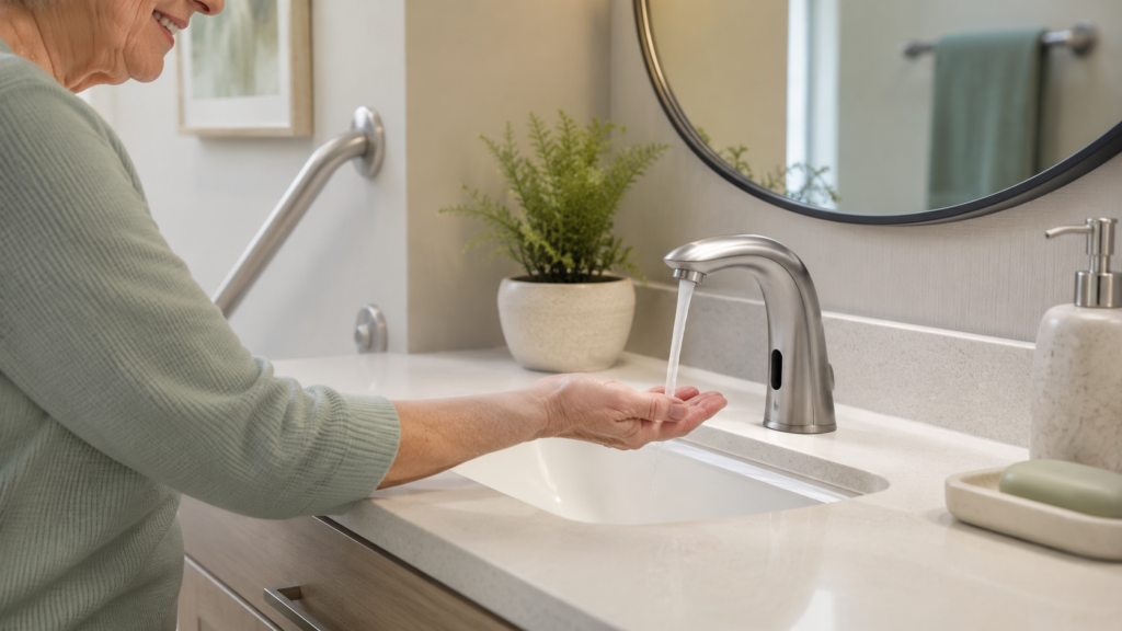 An older adult holds their hand under running water from a motion-sensor faucet in a modern bathroom. A plant, soap dispenser, and soap dish are on the sink counter, with a grab bar and other bathroom safety upgrades for seniors visible.