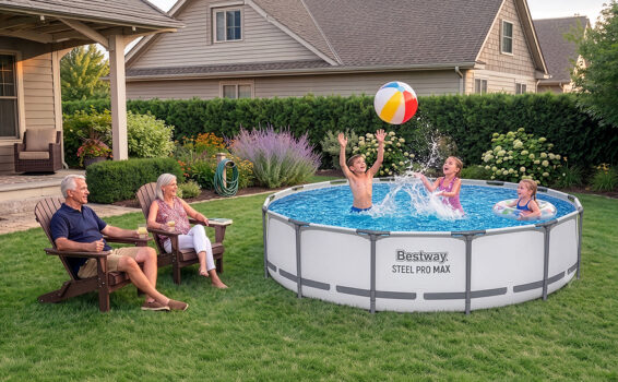 Two adults sit on lawn chairs while three children play with a beach ball in a round above-ground pool—the best backyard pool for family fun—in a well-kept, green backyard. Houses and bushes provide a pleasant backdrop to this lively summer scene.