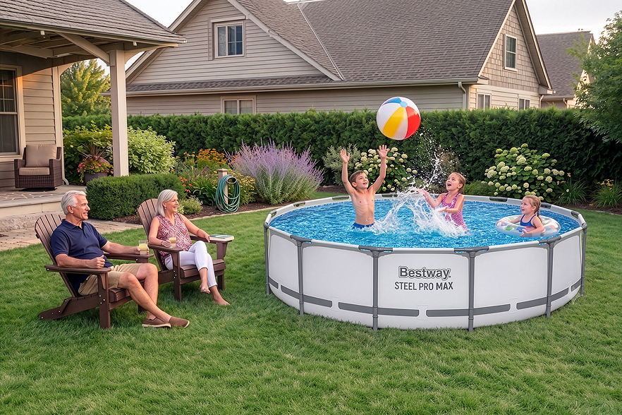 Two adults sit on lawn chairs while three children play with a beach ball in a round above-ground pool—the best backyard pool for family fun—in a well-kept, green backyard. Houses and bushes provide a pleasant backdrop to this lively summer scene.