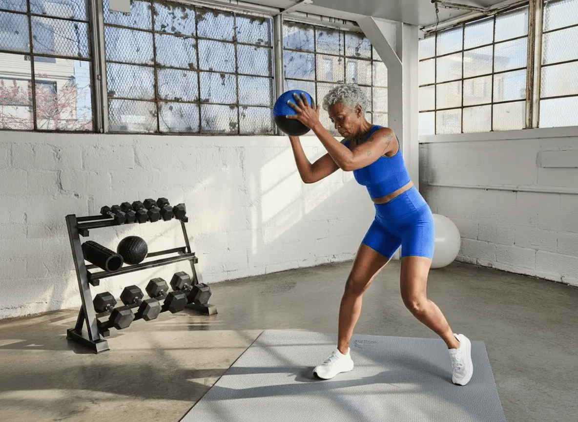 A person in blue athletic wear stands on a mat in a gym, holding a medicine ball overhead to strengthen your core without getting on the floor. Dumbbells and another medicine ball are on a rack nearby, with sunlight streaming through large windows behind.