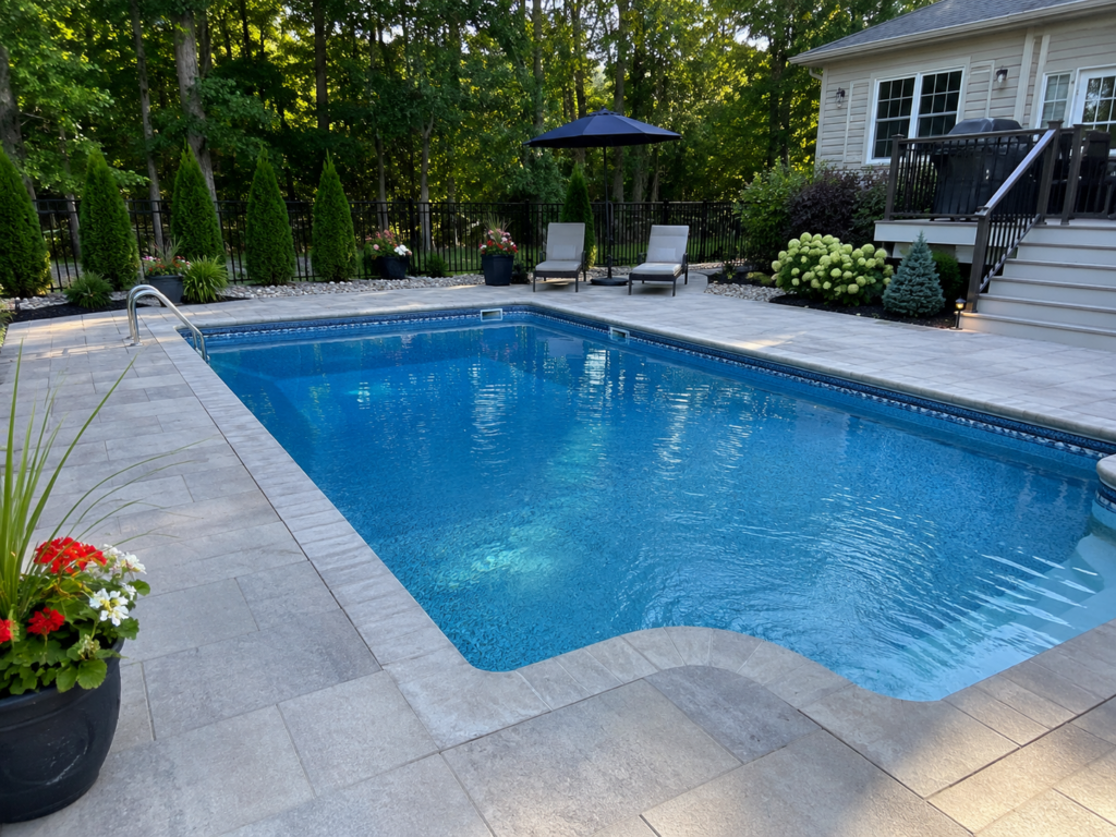 Rectangular backyard swimming pool with clear water, surrounded by gray stone tiles, lounge chairs, potted flowers, and greenery. Steps lead up to a house patio in the background.