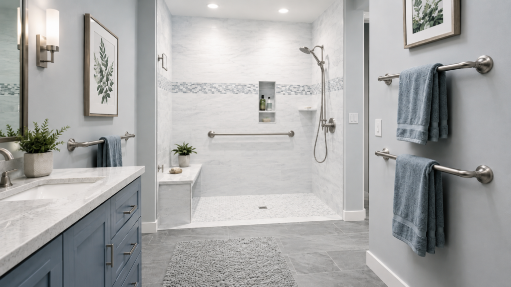 Modern, accessible bathroom with bathroom safety upgrades for seniors, including a walk-in shower, silver grab bars, built-in bench, and blue-gray cabinetry. Blue towels hang on racks while plants and framed art add decorative touches to the tiled space.