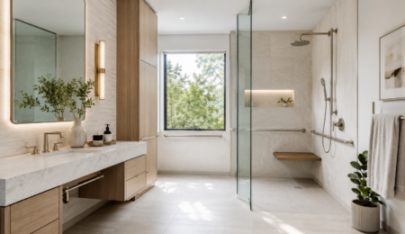 Modern, accessible bathroom features bathroom safety upgrades for seniors, including a walk-in shower with grab bars and a bench, double sink vanity with marble countertop, light wood cabinetry, and stylish touches like a plant, towels, and wall art.